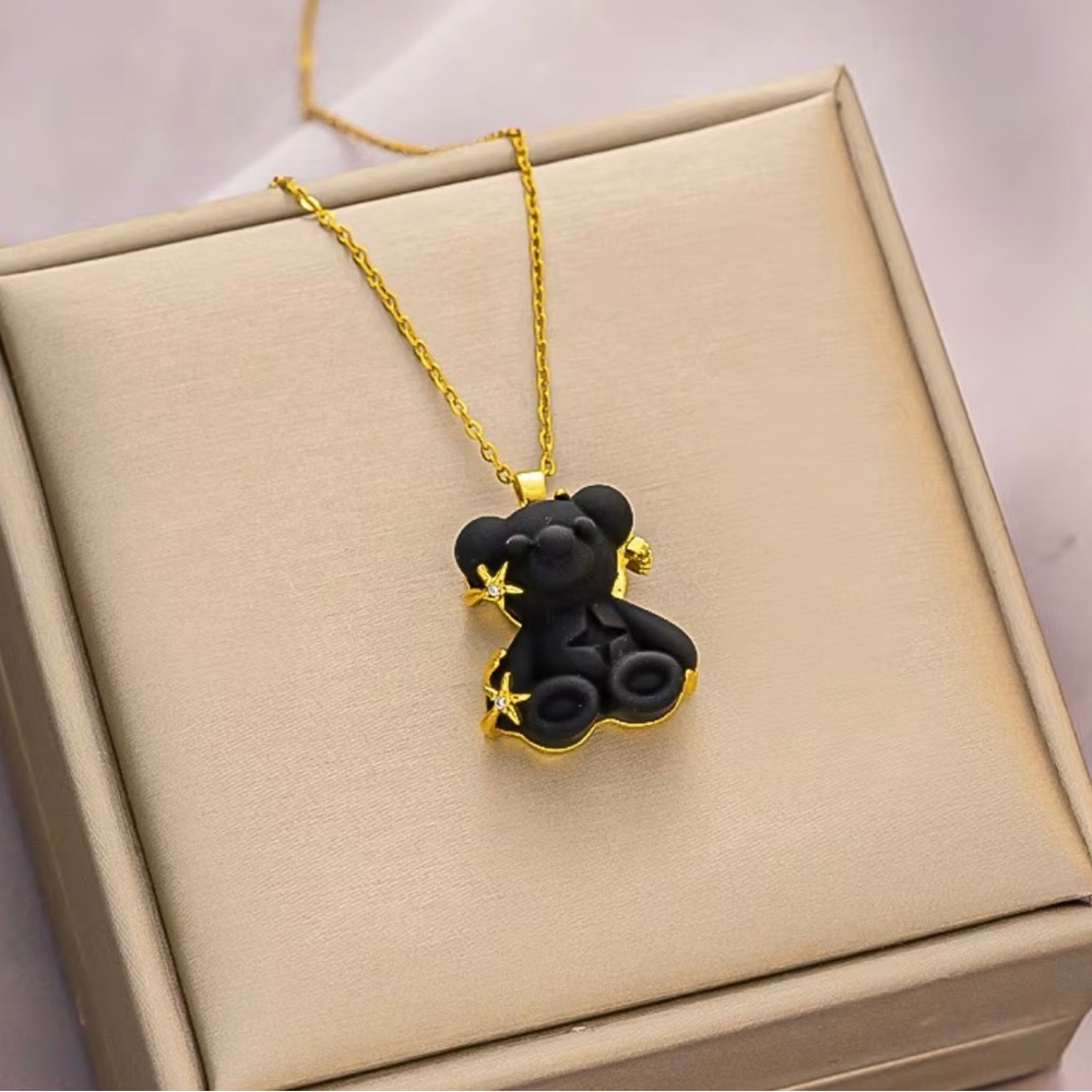 - Gold and Black Teddy Bear Pendant Necklace